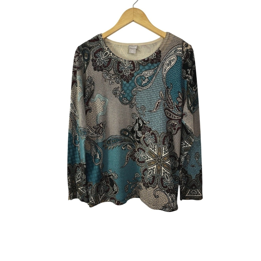 Chico's Women's Size 2 US Large Knit Top Long Sleeve Multicolored Paisley Boho